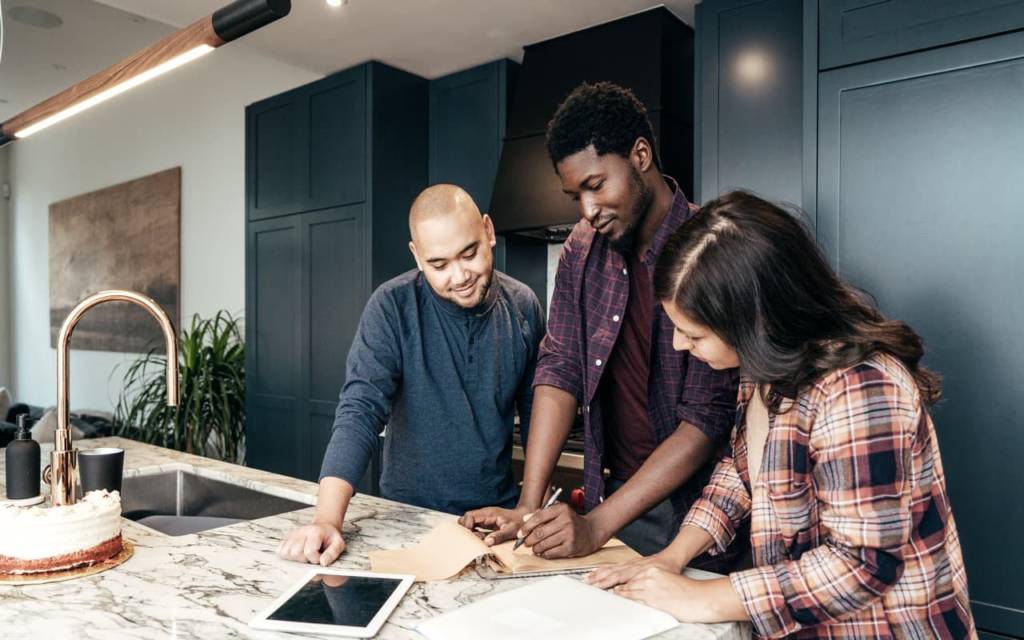 couple discussing kitchen remodel tile repair and installation