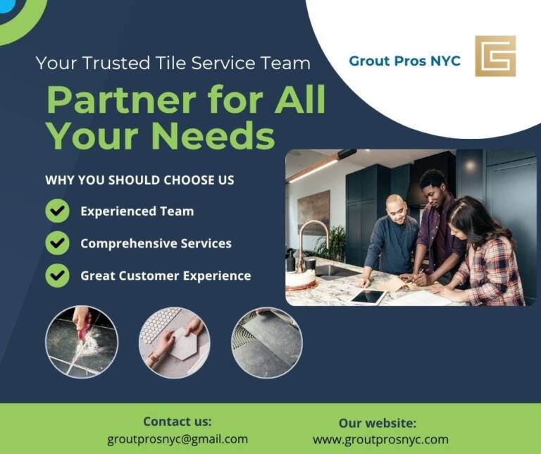 ad describing grout pros nyc services of tile installation, tile repair, grouting, calking, and color seal